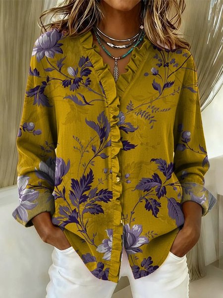 

Lace Collar Long Sleeve Floral Regular Loose Shirt For Women, Color2, Shirts