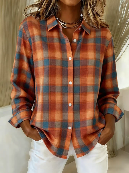 

Women Plaid Long Sleeve Shirt Spring/Fall Buckle Shirt Collar Regular Sleeve Daily Casual Top, Orange, Shirts