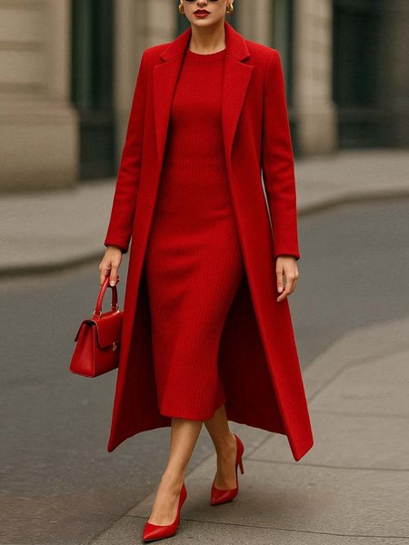 

Urban Plain Buttoned Lapel Collar Coat, Red, Coats