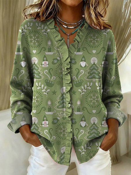 

Lace Collar Long Sleeve Santa Claus Regular Loose Shirt For Women, Green, Shirts