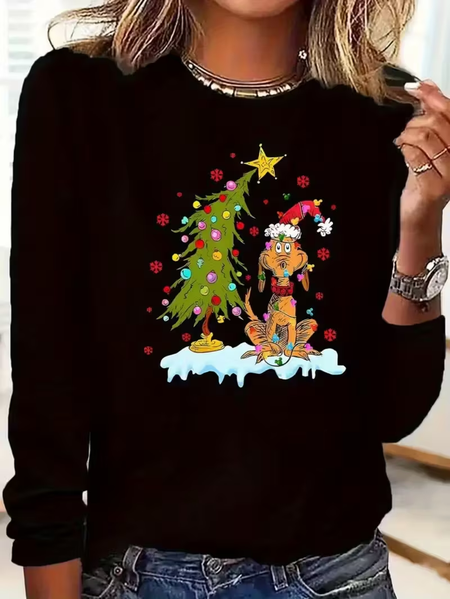 

Women Christmas Long Sleeve Tee T-shirt Crew Neck Printing Casual Spring/Fall Graphic Tee Top, Black, T-Shirts