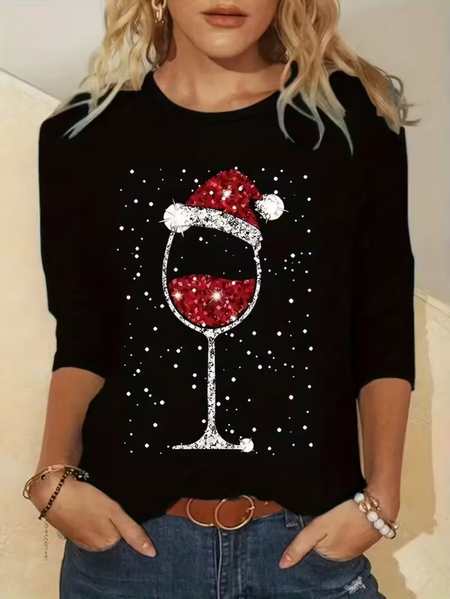 

Women Christmas Long Sleeve Tee T-shirt Crew Neck Printing Casual Spring/Fall Graphic Tee Top, Black, T-Shirts