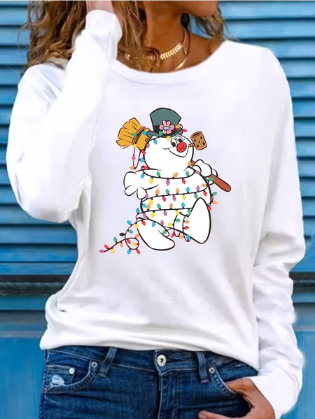 Women Christmas Snowman Long Sleeve Tee T-shirt Crew Neck Printing Casual Spring/Fall Graphic Tee Top