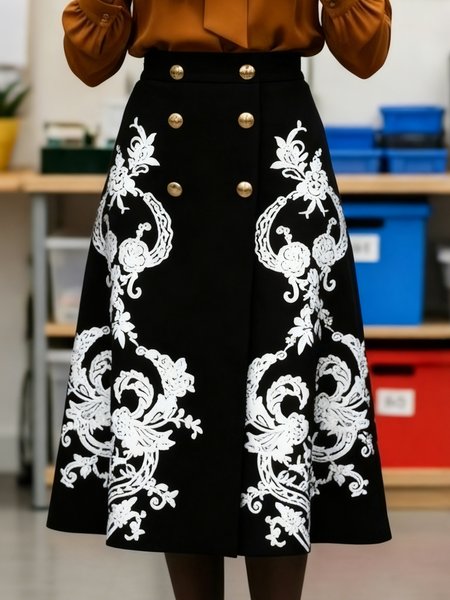 

Elegant Buttoned Printing Floral Skirt, Black, Skirts