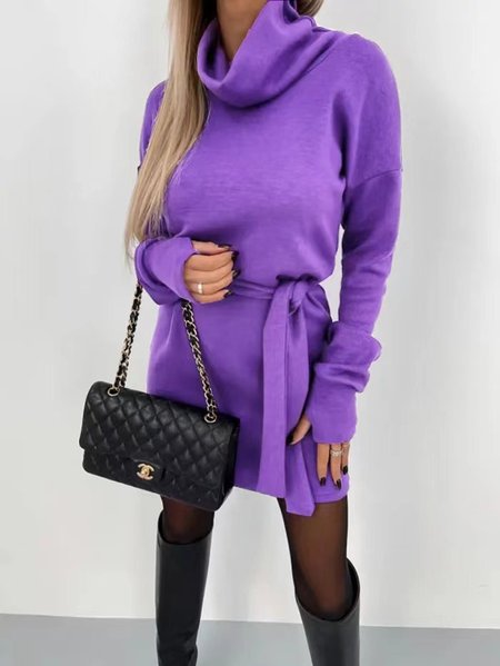 

Women Plain Long Sleeve Spring/Fall Split Joint Dress Turtleneck Daily Vintage Mini Hip Skirt Bodycon Dress, Purple, Dresses