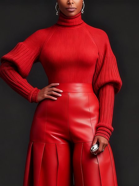 

Urban Minimalist Turtleneck Puff Sleeve Sweater, Red, Pullovers
