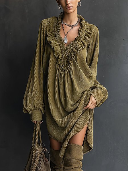 

Urban Plain Peplum Lotus Leaf Collar Midi Dress, Green, Midi Dresses