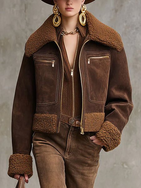 

Urban Zipper Plain Shawl Collar Teddy Jacket, Brown, Coats