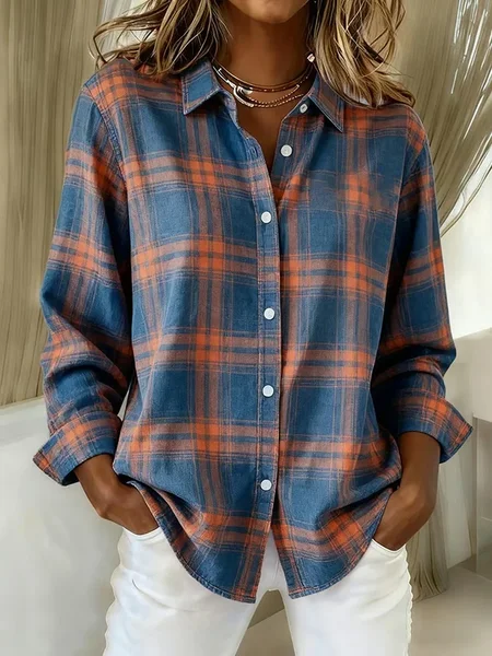 Women Plaid Long Sleeve Shirt Spring/Fall Buckle Shirt Collar Regular Sleeve Daily Casual Top