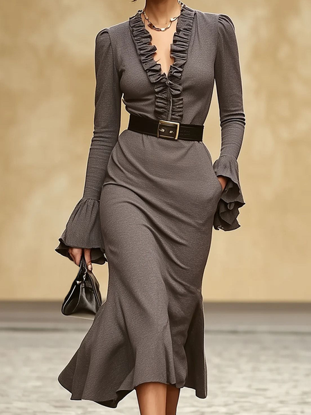 Elegant Plain Peplum V Neck Midi Dress No Belt