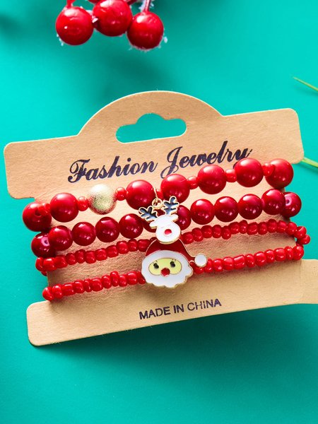 

New Christmas Rice Bead Bracelet Four-pack Women's Stacking Santa Claus Snowflake Bell Elk Holiday Party Bracelet, Red, Bracelets