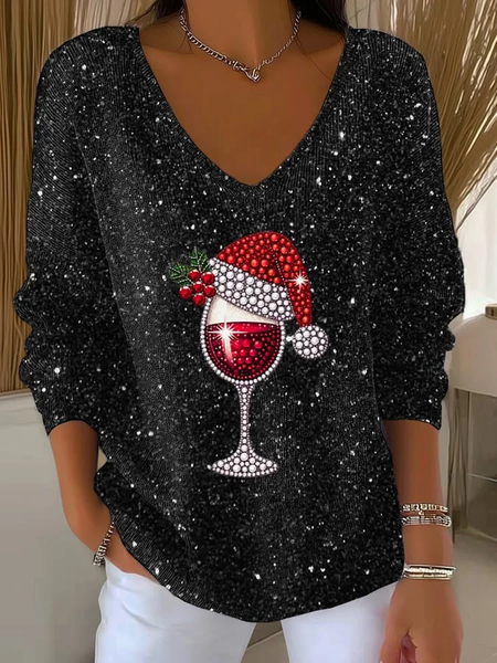 

Women Christmas Long Sleeve Tee T-shirt V Neck Printing Casual Spring/Fall Top, Black, T-Shirts