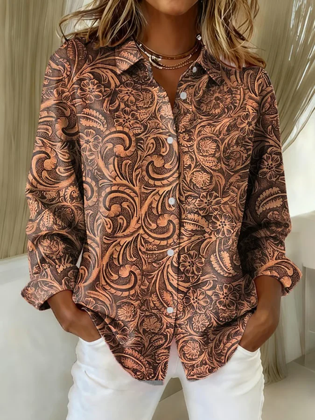 

Women Floral Long Sleeve Shirt Spring/Fall Buckle Shirt Collar Regular Sleeve Daily Casual Top, Brown, Shirts