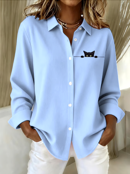 

V Neck Long Sleeve Animal Regular Micro-Elasticity Regular Fit Shirt For Women, Light blue, Shirts