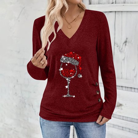 

Casual Plain V Neck Long Sleeve T-shirt, Wine red, T-shirts