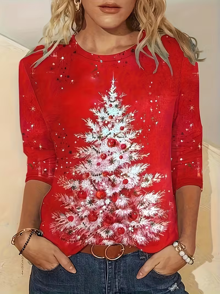 

Casual Christmas Crew Neck Long Sleeve T-shirt, Red, T-shirts