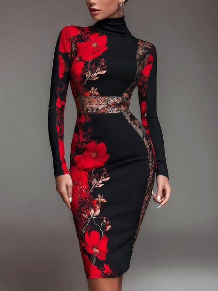 

Elegant Floral Printing Stand Collar Midi Dress, Red, Midi Dresses