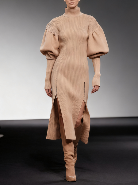 Urban Slit Stand Collar Midi Sweater Dress