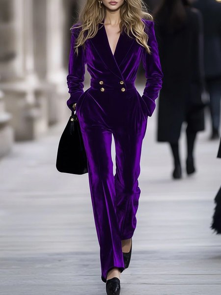 

Urban Velvet Plain Lapel Collar Jumpsuit, Purple, Jumpsuits