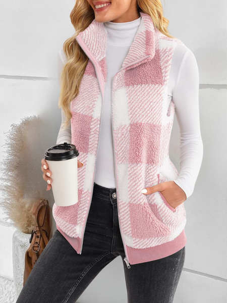 

Polyester Cotton Stand Collar Elegant Vest, Pink-white, Vests & Gilets