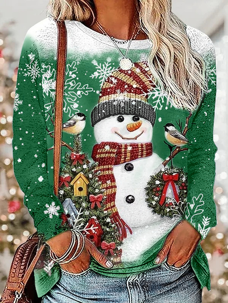 

Women Christmas Snowman Long Sleeve Tee T-shirt Crew Neck Printing Casual Spring/Fall Graphic Tee Top, Green, T-Shirts