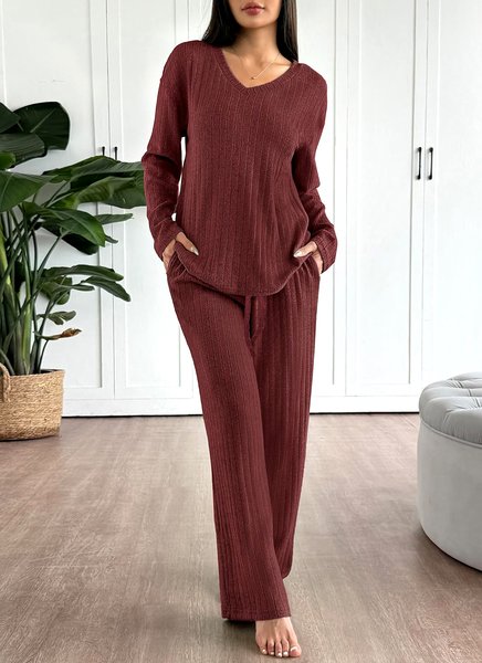 

Women Plain Two-Piece Set Daily Long Sleeve Casual Spring/Fall Top With Pants Matching Set, Wine red, Sets