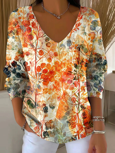 

Women Floral Long Sleeve Tee T-shirt V Neck Printing Casual Spring/Fall Top, Orange, T-Shirts