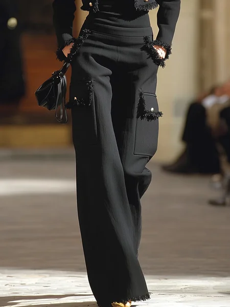 

Urban Plain Tassel Fashion Straight Pants, Black, Pants