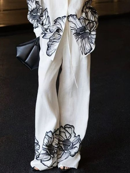 

Casual Floral Printing Wide Leg Pants, Black-white, Pants