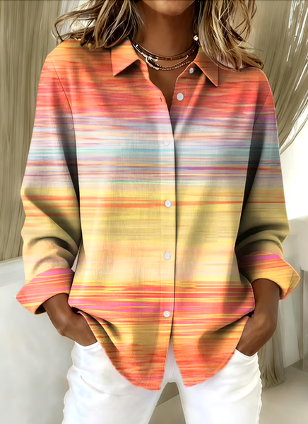 

V Neck Long Sleeve Ombre Regular Micro-Elasticity Regular Fit Shirt For Women, Orange, Shirts