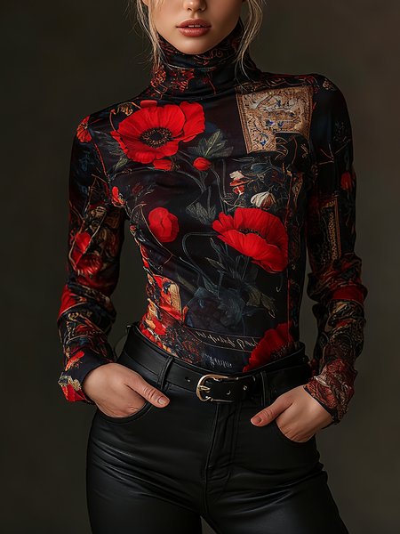 

Urban Abstract Printing Stand Collar T-shirt, Red, Tees