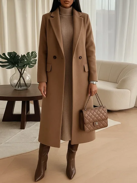 

Urban Split Joint Plain Shawl Collar Coat, Brown, Coats