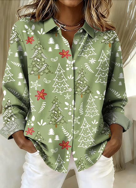 

V Neck Long Sleeve Christmas Regular Micro-Elasticity Regular Fit Shirt For Women, Green, Shirts