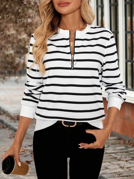 

Casual Stand Collar Striped Sweatshirt, White, Hoodies & Sweatshirts