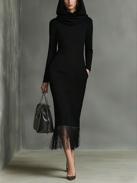 

Elegant Plain Tassel Hoodie Midi Dress, Black, Midi Dresses