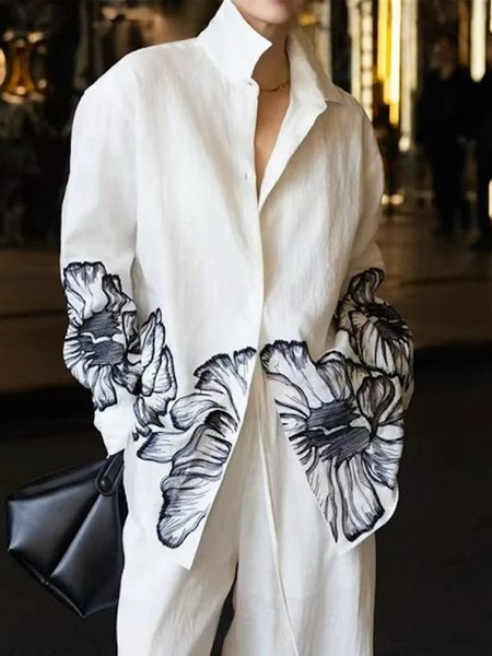 

Cotton Casual Floral Printing Shirt Collar Shirt, Black-white, Blouses and Shirts