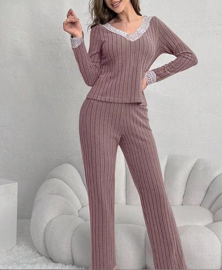 

Women Plain Two-Piece Set Daily Long Sleeve Casual Spring/Fall Top With Pants Matching Set, Brown, Sets