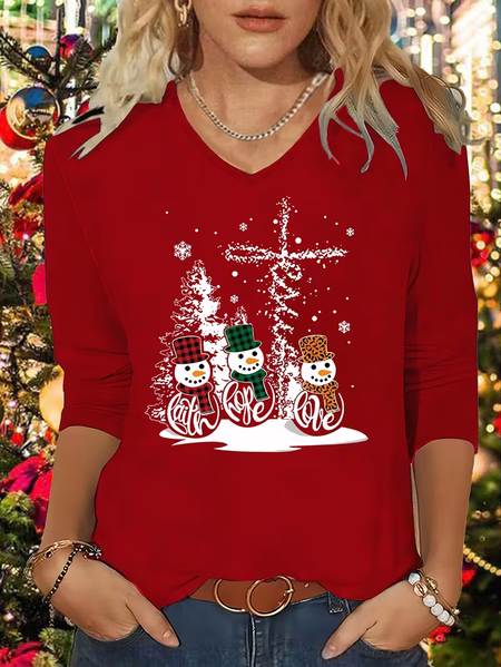 

Women Christmas Snowman Long Sleeve Tee T-shirt V Neck Printing Casual Spring/Fall Graphic Tee Top, Red, T-Shirts