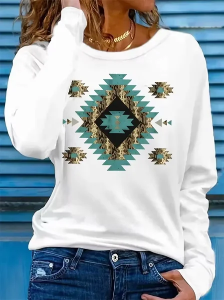 

Women Ethnic Long Sleeve Tee T-shirt Crew Neck Printing Casual Spring/Fall Graphic Tee Top, White, T-Shirts