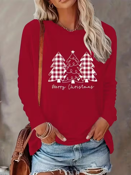 

Casual Christmas Crew Neck Long Sleeve T-shirt, Red, T-shirts