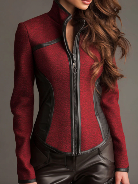 

Urban Color Block Stand Collar Jacket, Wine red, Jackets