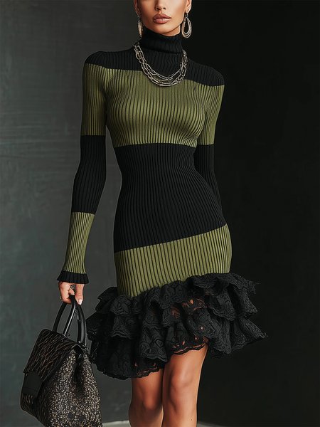 

Urban Colorblock Split Joint Turtleneck Sweater Mini Dress, Black-green, Midi Dresses