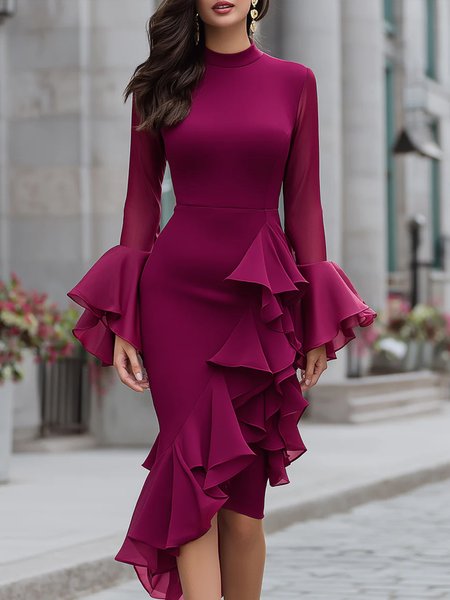

Elegant Plain Ruffle Sleeve Peplum Stand Collar Midi Dress, Rose red, Midi Dresses