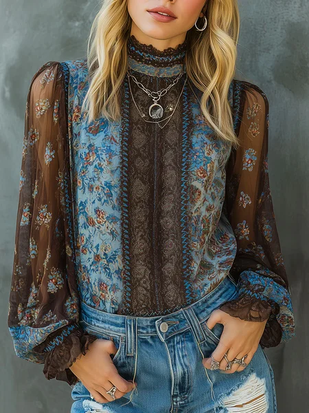 

Urban Paisley Printing Stand Collar Blouse, Blue, Blouses and Shirts