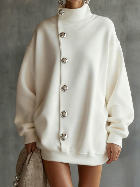 

Casual Plain Irregular Craftsmanship Stand Collar Sweatshirt, White, Hoodies and Sweatshirts