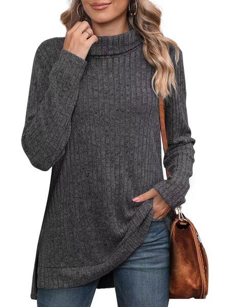 

Casual Plain Turtleneck Blouse, Deep gray, Long Sleeves