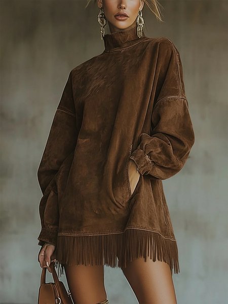 Casual Suede Tassel Hem Balloon Sleeve Mini Dress