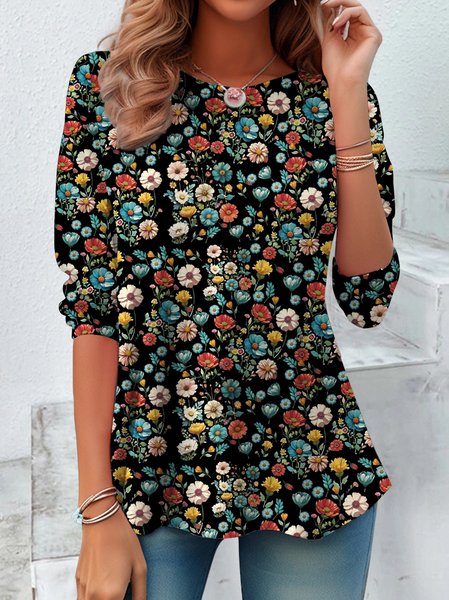 

Casual Floral Crew Neck Long Sleeve T-shirt, White, T-shirts