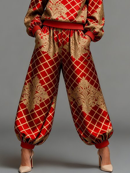 

Elegant Plaid Printing Bloomers Pants, Red brown, Pants