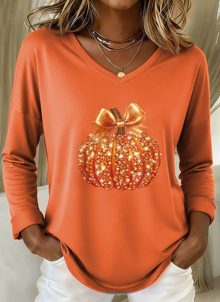 

Women Halloween (pumpkin) Long Sleeve Tee T-shirt V Neck Printing Casual Spring/Fall Graphic Tee Top, Orange, T-Shirts